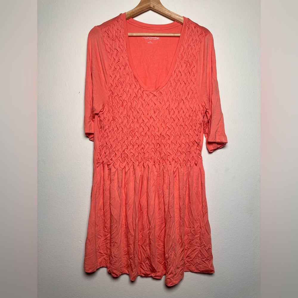 SOFT SURROUNDINGS Smocked Woven Look V Neck Tunic Mini Dress Peach